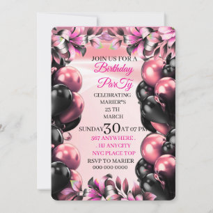 Digital Let's Party Pink Glitter Balloons Birthday Invitation