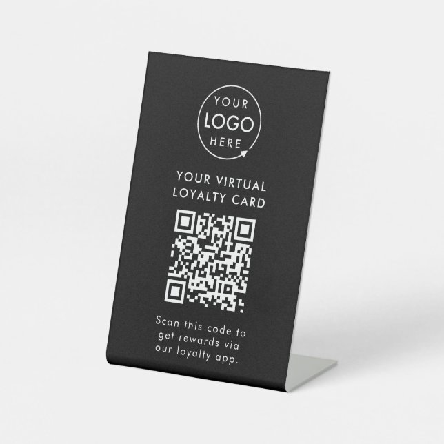 Digital Loyalty Reward QR Code Black Business Logo Pedestal Sign (Front)