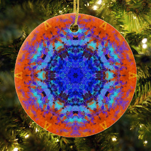 Digital Mandala Blue and Orange Ceramic Ornament