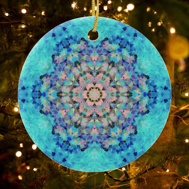 Digital Mandala Blue and Pink Ceramic Ornament (Blue and Pink Digital Paint Mandala Ornament by Wormhole Orbital)
