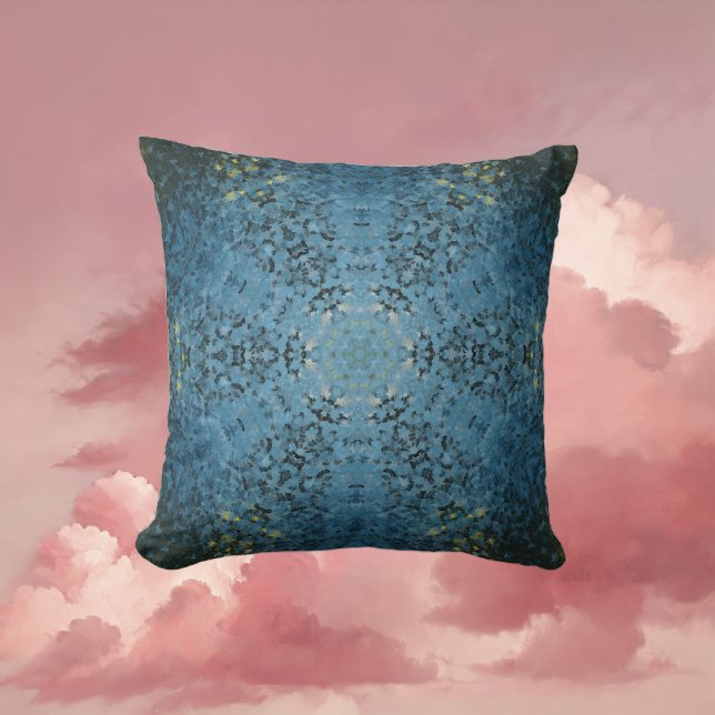 Digital Mandala Blue and Yellow Cushion (Blue and Yellow Digital Paint Mandala Throw Pillow By Wormhole Orbital)