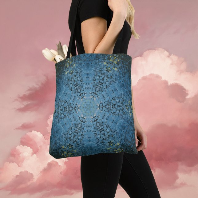 Digital Mandala Blue and Yellow Tote Bag (Blue and Yellow Digital Paint Mandala Tote Bag By Wormhole Orbital)