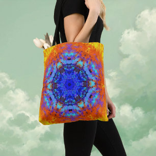 Digital Mandala Blue Orange and Yellow Tote Bag