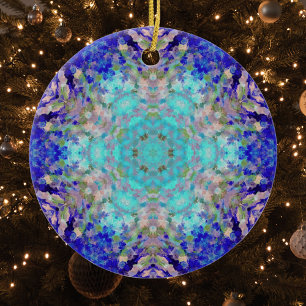 Digital Mandala Blue Purple and White Ceramic Ornament