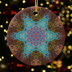 Digital Mandala Blue Red and Green Ceramic Ornament