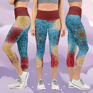 Digital Mandala Blue Red and Yellow Capri Leggings