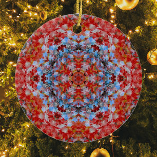 Digital Mandala Blue Red and Yellow Ceramic Ornament