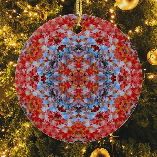 Digital Mandala Blue Red and Yellow Ceramic Ornament (Creator Uploaded)