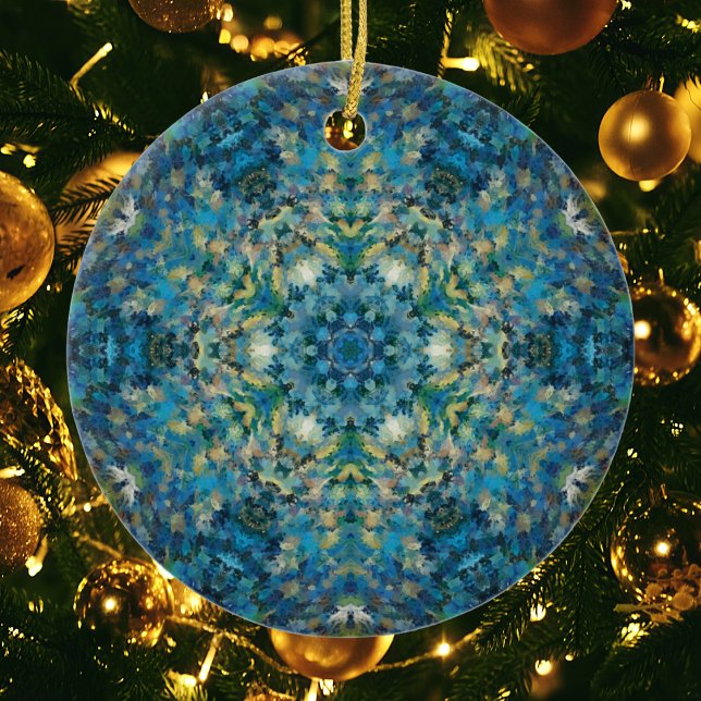 Digital Mandala Blue White and Yellow Ceramic Ornament (Creator Uploaded)