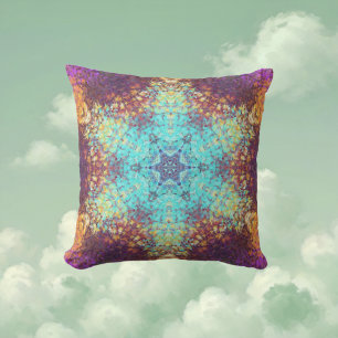 Digital Mandala Blue Yellow and Purple Cushion