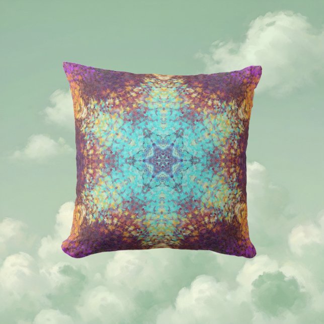 Digital Mandala Blue Yellow and Purple Cushion (Blue Yellow and Purple Digital Paint Mandala Throw Pillow By Wormhole Orbital)