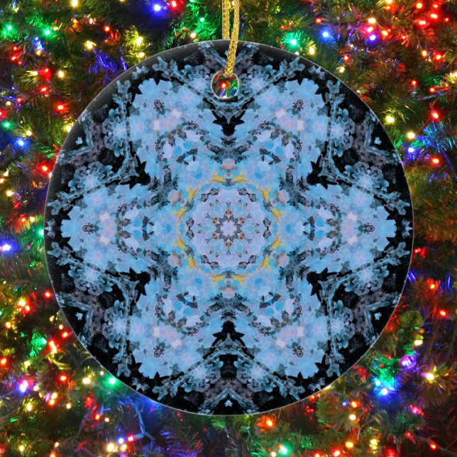Digital Mandala Flower Blue and Black Ceramic Ornament (Blue and Black Hexagon Mandala Ornament by Wormhole Orbital)