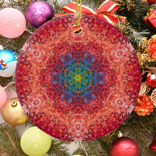 Digital Mandala Orange Blue and Red Ceramic Ornament