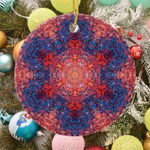Digital Mandala Orange Blue and Red Ceramic Ornament