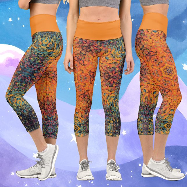 Digital Mandala Orange Blue and Yellow Capri Leggings (Creator Uploaded)