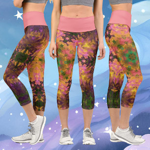 Digital Mandala Pink Yellow and Green Capri Leggings