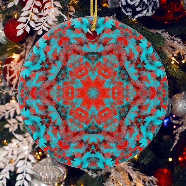 Digital Mandala Red and Blue Ceramic Ornament (Creator Uploaded)