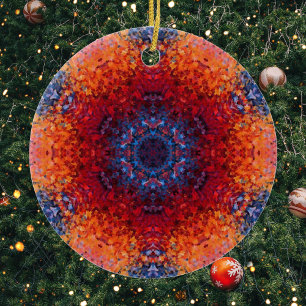 Digital Mandala Red Orange and Blue Ceramic Ornament