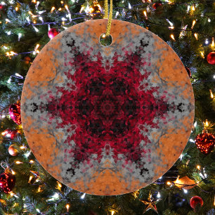 Digital Mandala Red Orange and White Ceramic Ornament