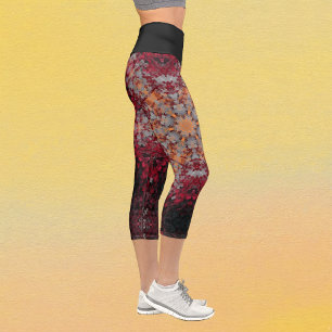 Digital Mandala Red White Orange and Black Capri Leggings
