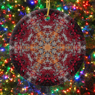 Digital Mandala Red White Orange and Black Ceramic Ornament
