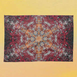 Digital Mandala Red White Orange and Black Tea Towel