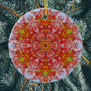 Digital Mandala Red Yellow and Blue Ceramic Ornament