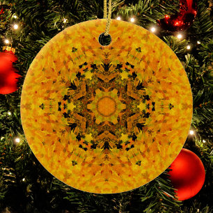 Digital Mandala Yellow and Black Ceramic Ornament