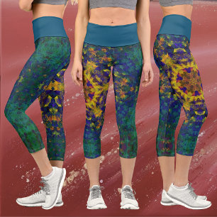 Digital Mandala Yellow Blue and Green Capri Leggings