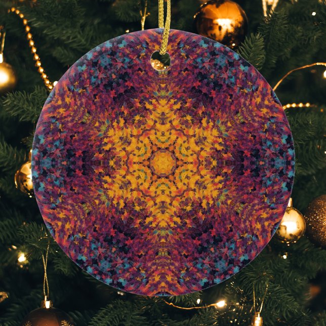 Digital Mandala Yellow Blue and Purple Ceramic Ornament (Creator Uploaded)
