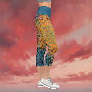 Digital Mandala Yellow Blue and Red Capri Leggings