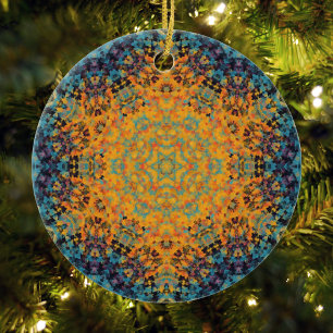 Digital Mandala Yellow Blue and Red Ceramic Ornament