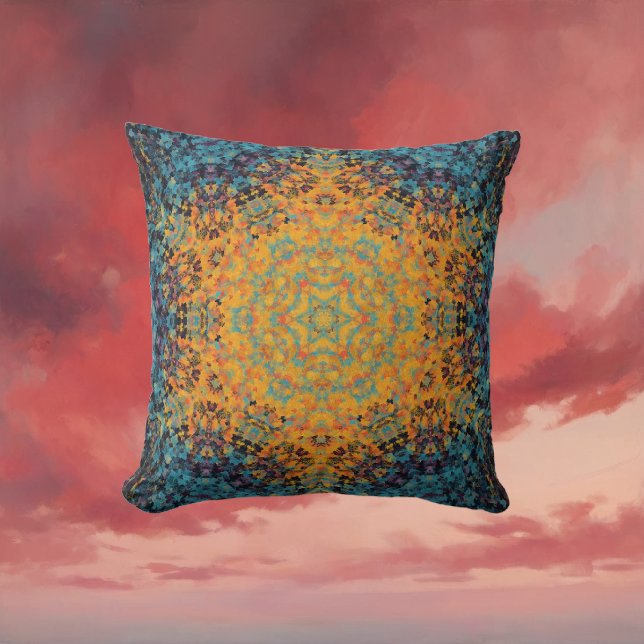 Digital Mandala Yellow Blue and Red Cushion (Yellow Blue and Red Digital Mandala Throw Pillow by Wormhole Orbital)