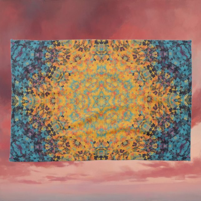 Digital Mandala Yellow Blue and Red Tea Towel (Yellow Blue and Red Digital Mandala Kitchen Towel by Wormhole Orbital)