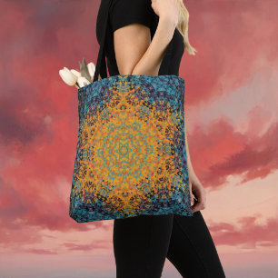 Digital Mandala Yellow Blue and Red Tote Bag