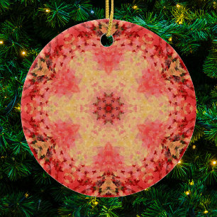 Digital Mandala Yellow, Pink, and Red Ceramic Ornament