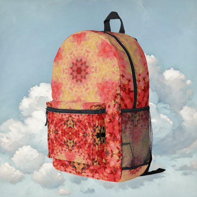 Digital Mandala Yellow, Pink, and Red Printed Backpack (Yellow Pink and Red Digital Paint Mandala Backpack By Wormhole Orbital)