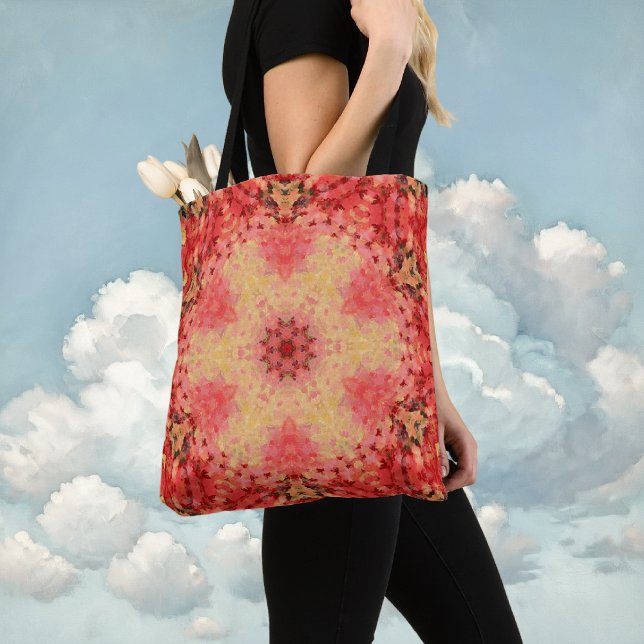 Digital Mandala Yellow, Pink, and Red Tote Bag (Yellow Pink and Red Digital Paint Mandala Tote Bag By Wormhole Orbital)