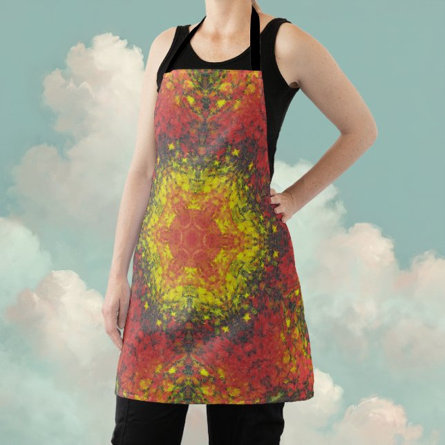 Digital Mandala Yellow Red and Black Apron (Yellow and Red Digital Paint Mandala Apron By Wormhole Orbital)