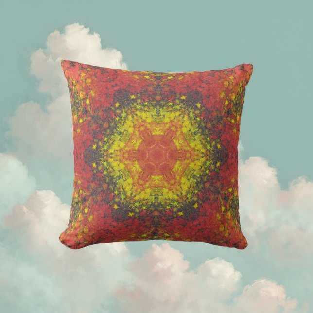 Digital Mandala Yellow Red and Black Cushion (Yellow and Red Digital Paint Mandala Throw Pillow By Wormhole Orbital)