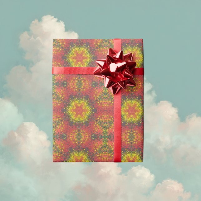 Digital Mandala Yellow Red and Black Wrapping Paper (Yellow and Red Digital Paint Mandala Wrapping Paper By Wormhole Orbital)