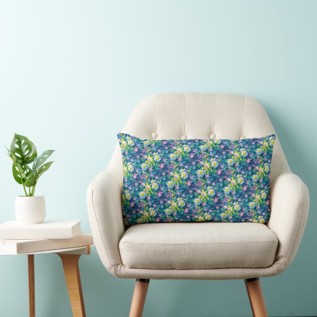 Digital Nature Floral, Daisy  Blues Lumbar Cushion (Chair)