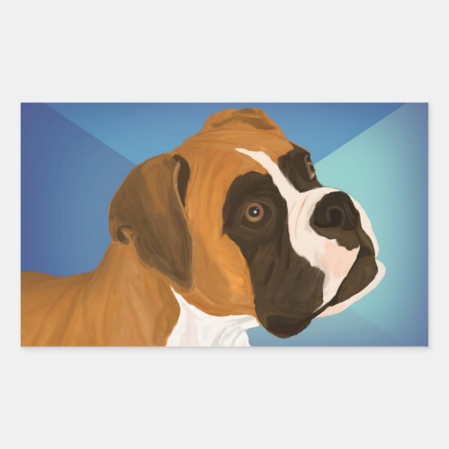 Digital Painted Brown Boxer Dog on Blue Background Rectangular Sticker (Front)