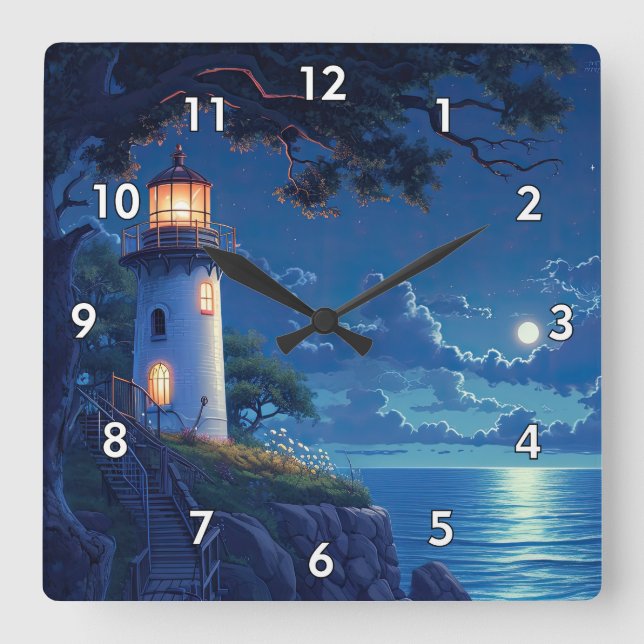 Digital Painting of a Lighthouse in the Moonlight Square Wall Clock (Front)
