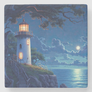 Digital Painting of a Lighthouse in the Moonlight Stone Coaster