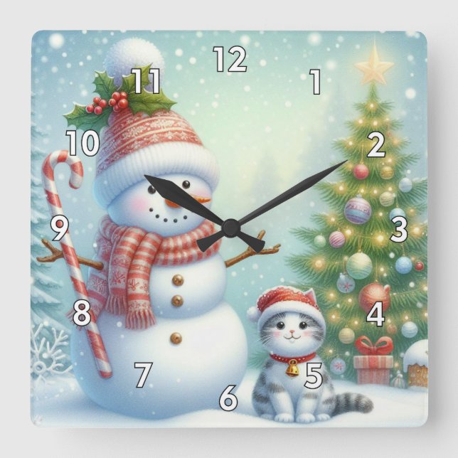 Digital Painting of a Snowman with Kitty Cat Square Wall Clock (Front)