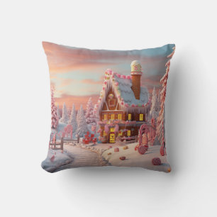 Digital Painting of a Winter Gingerbread House Cushion