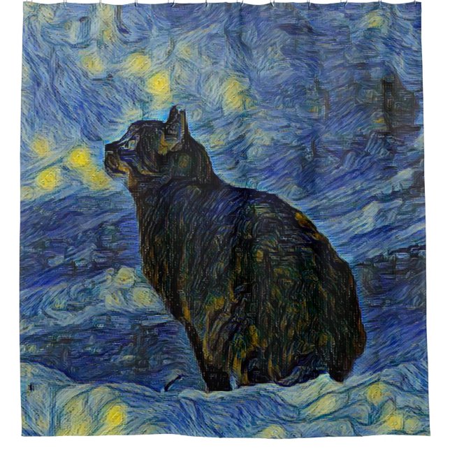 Digital painting Shambhala cat in Vincent Van Gogh Shower Curtain (Front)