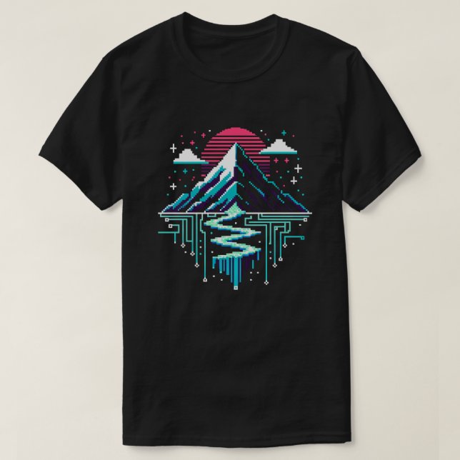 Digital Peaks - Cyberpunk Pixel Art Mountain Lands T-Shirt (Design Front)