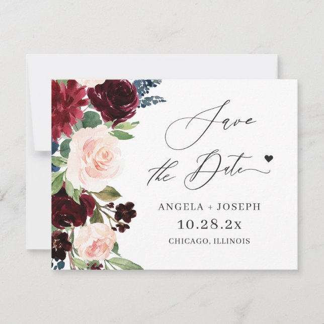 (Digital Postcard) Burgundy Blush Floral Wedding Save The Date (Front)